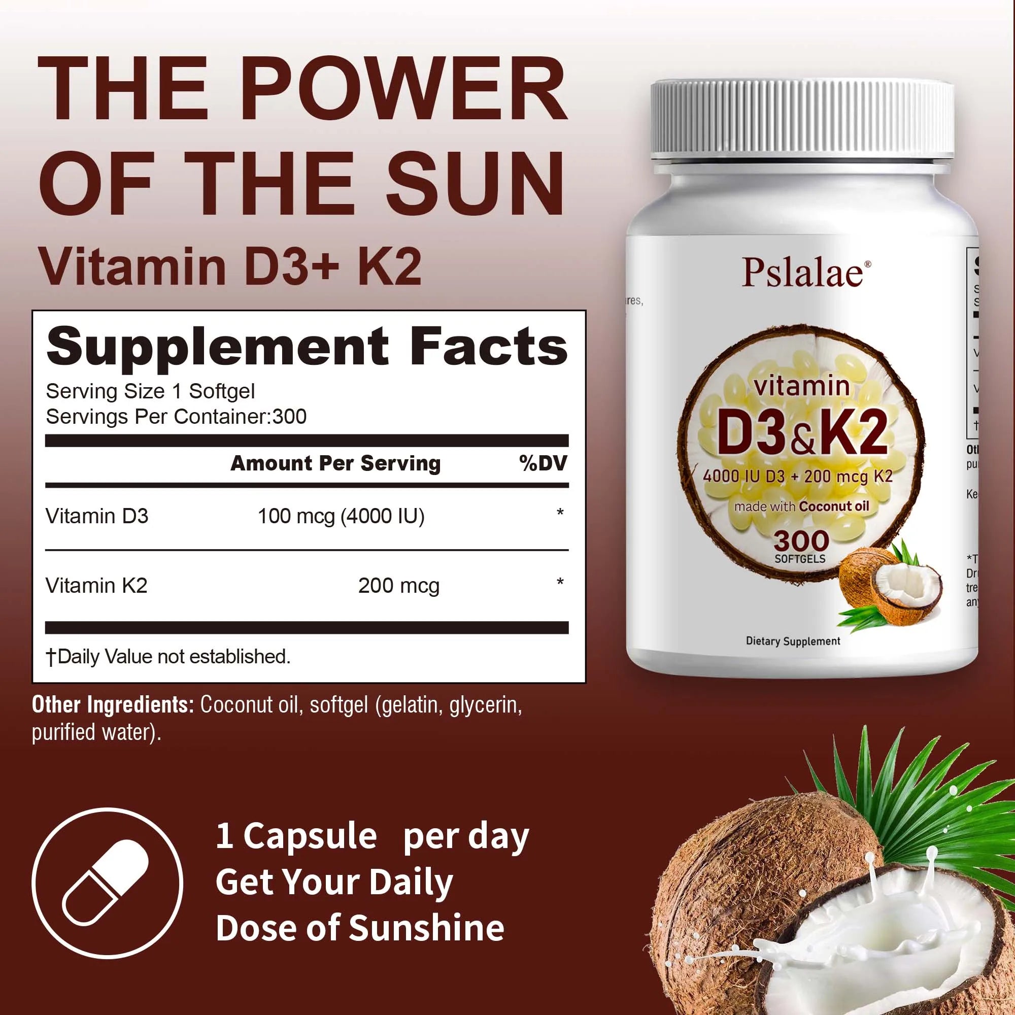 Vitamin D3 and K2 Softgels - Promotes Absorption, Digestion- 300 Softgels
