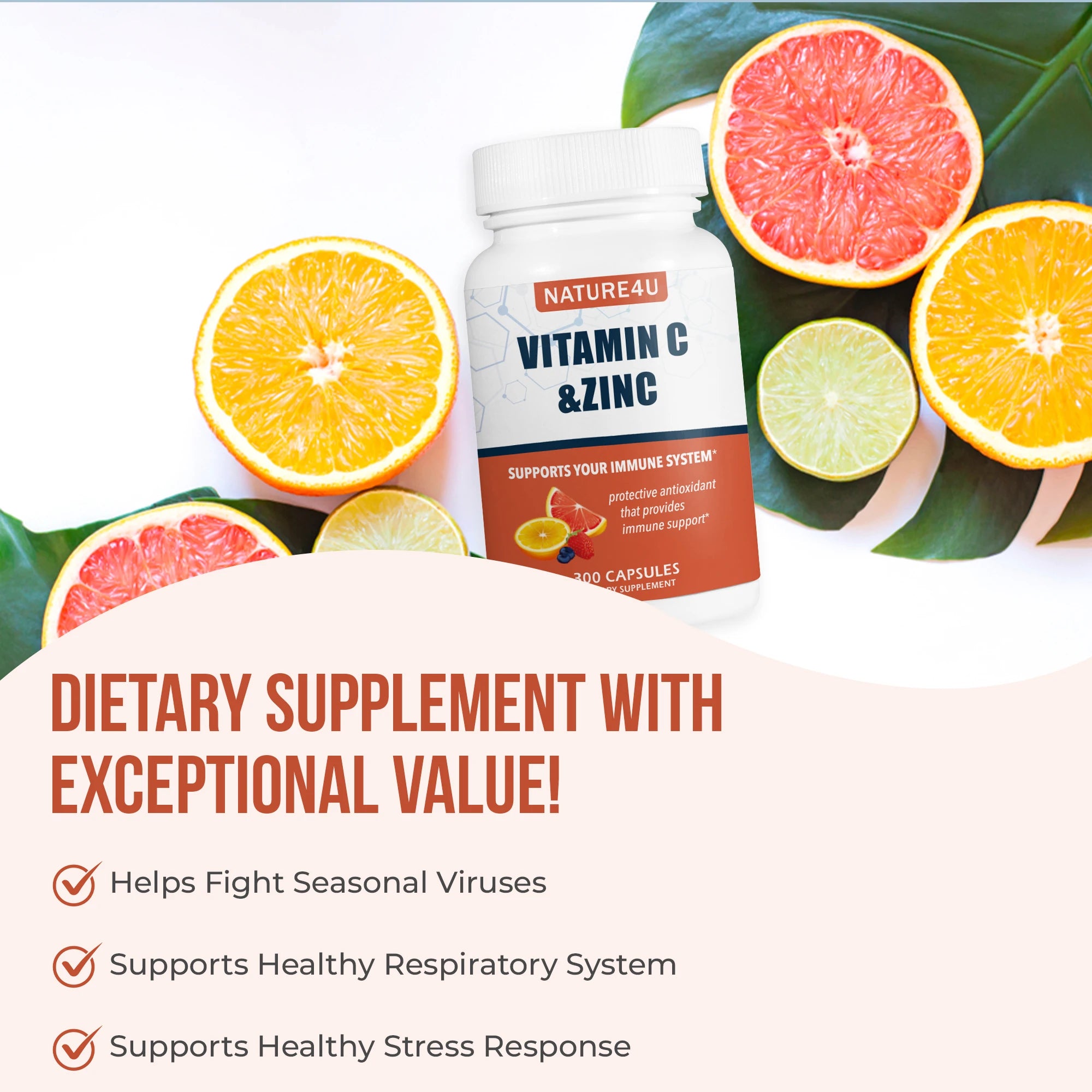 Vitamin C 1000mg with Zinc, Rose HIPS and Citrus Bioflavonoids, Immune Support 300 Capsules