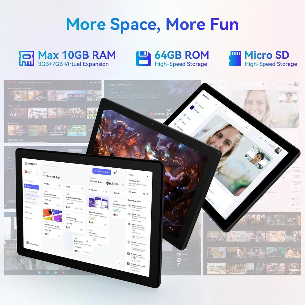 10.1 Inch Android 14 Tablet 12GB RAM 64GB ROM Widevine L1 Compatible IPS HD Screen with Mouse