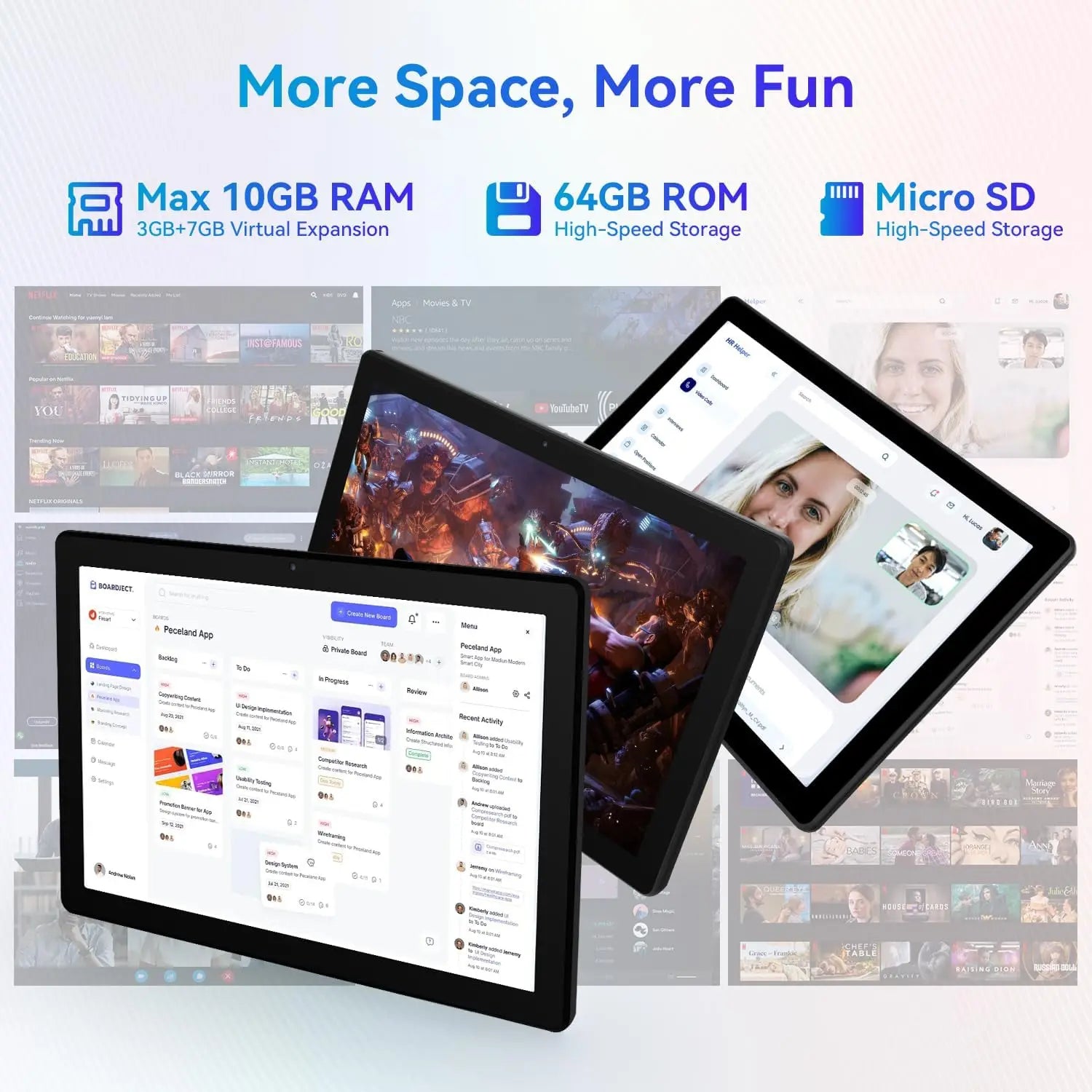 10.1 Inch Android 14 Tablet 12GB RAM 64GB ROM Widevine L1 Compatible IPS HD Screen with Mouse