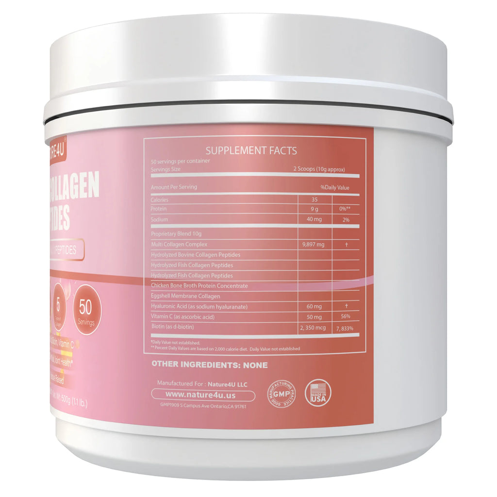 Multi Collagen Peptides Powder with Biotin, Hyaluronic Acid, , Vitamin C for Healthy Hair, Skin, Nails, Joint, 1.1LB