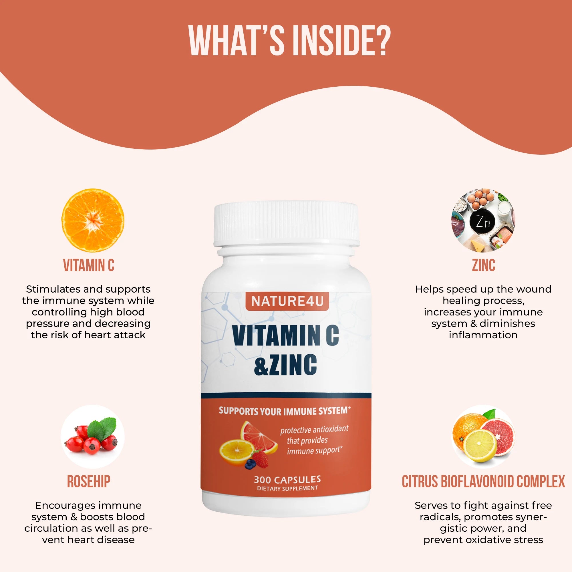 Vitamin C 1000mg with Zinc, Rose HIPS and Citrus Bioflavonoids, Immune Support 300 Capsules