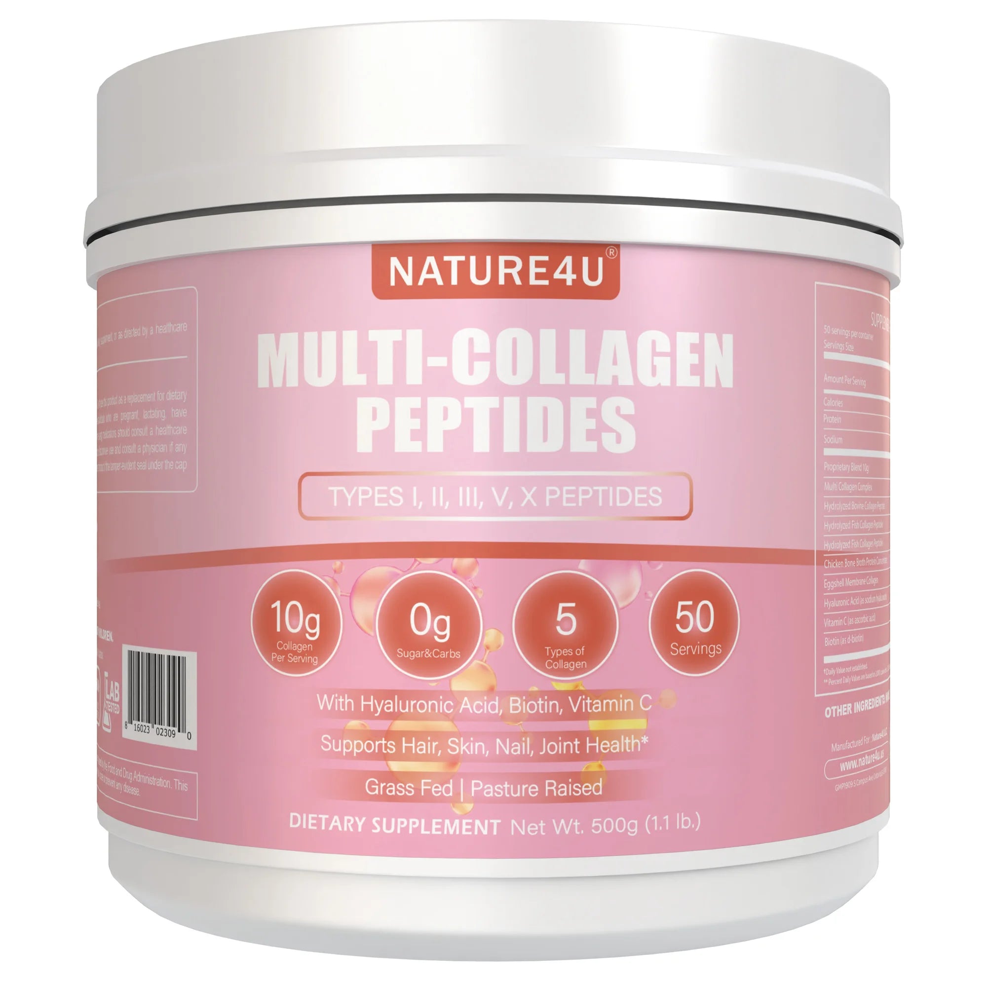Multi Collagen Peptides Powder with Biotin, Hyaluronic Acid, , Vitamin C for Healthy Hair, Skin, Nails, Joint, 1.1LB