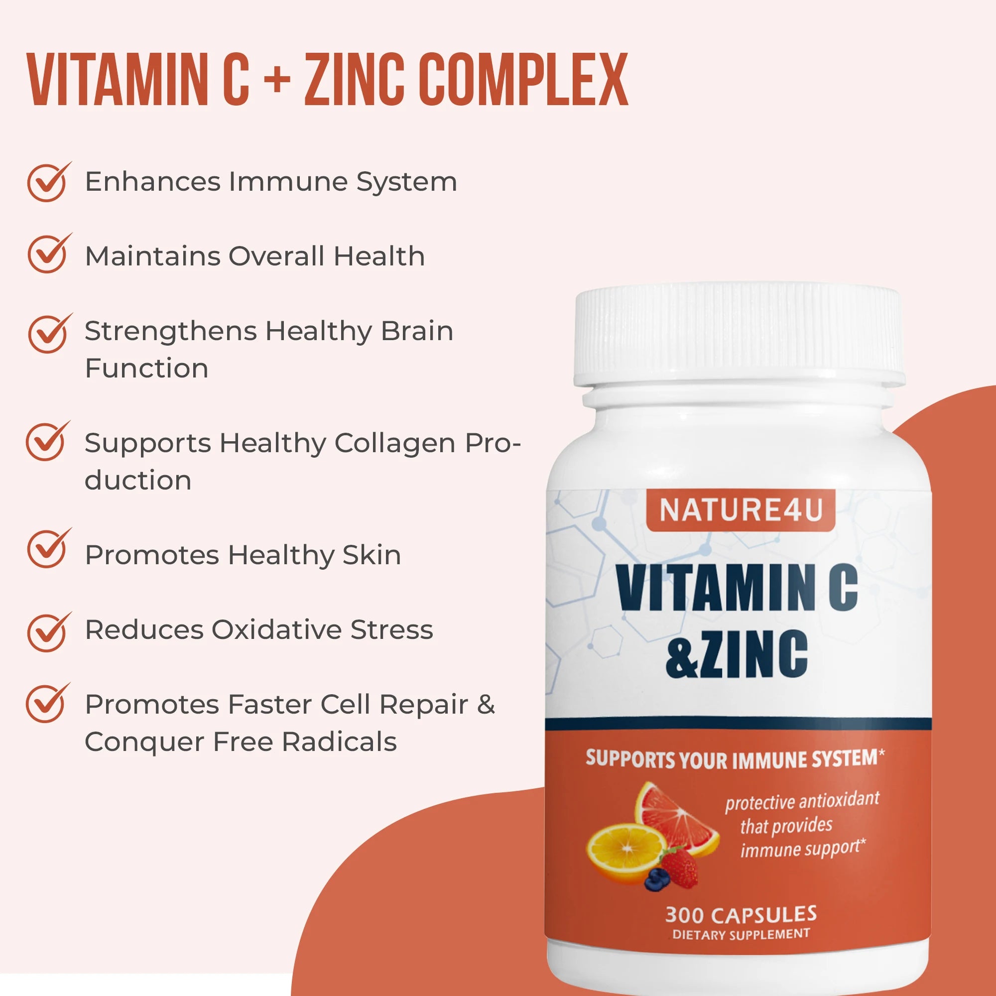 Vitamin C 1000mg with Zinc, Rose HIPS and Citrus Bioflavonoids, Immune Support 300 Capsules