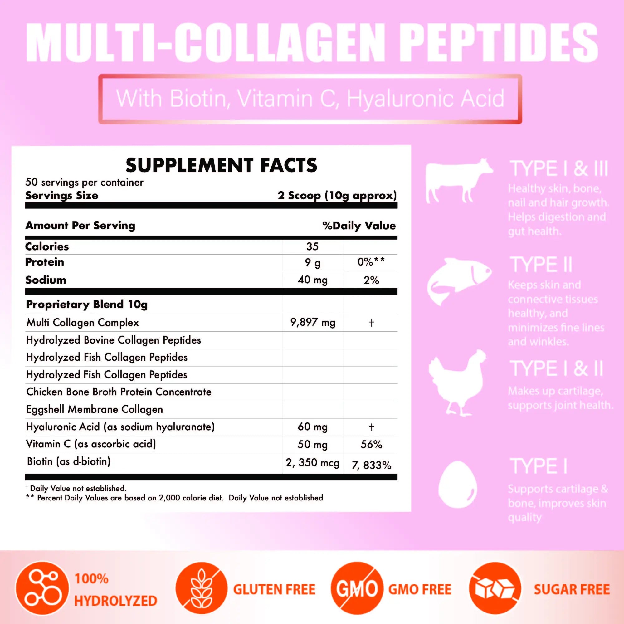 Multi Collagen Peptides Powder with Biotin, Hyaluronic Acid, , Vitamin C for Healthy Hair, Skin, Nails, Joint, 1.1LB