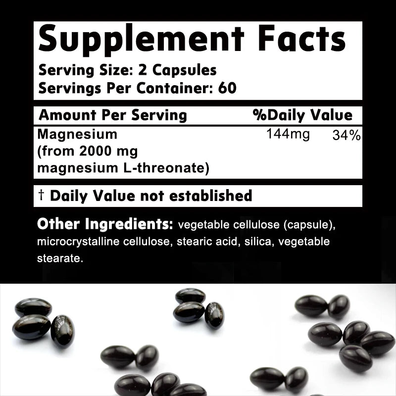 Magnesium L-Threonate -  Enhances Memory and Concentration, and Improves Sleep Quality - 120 Capsules