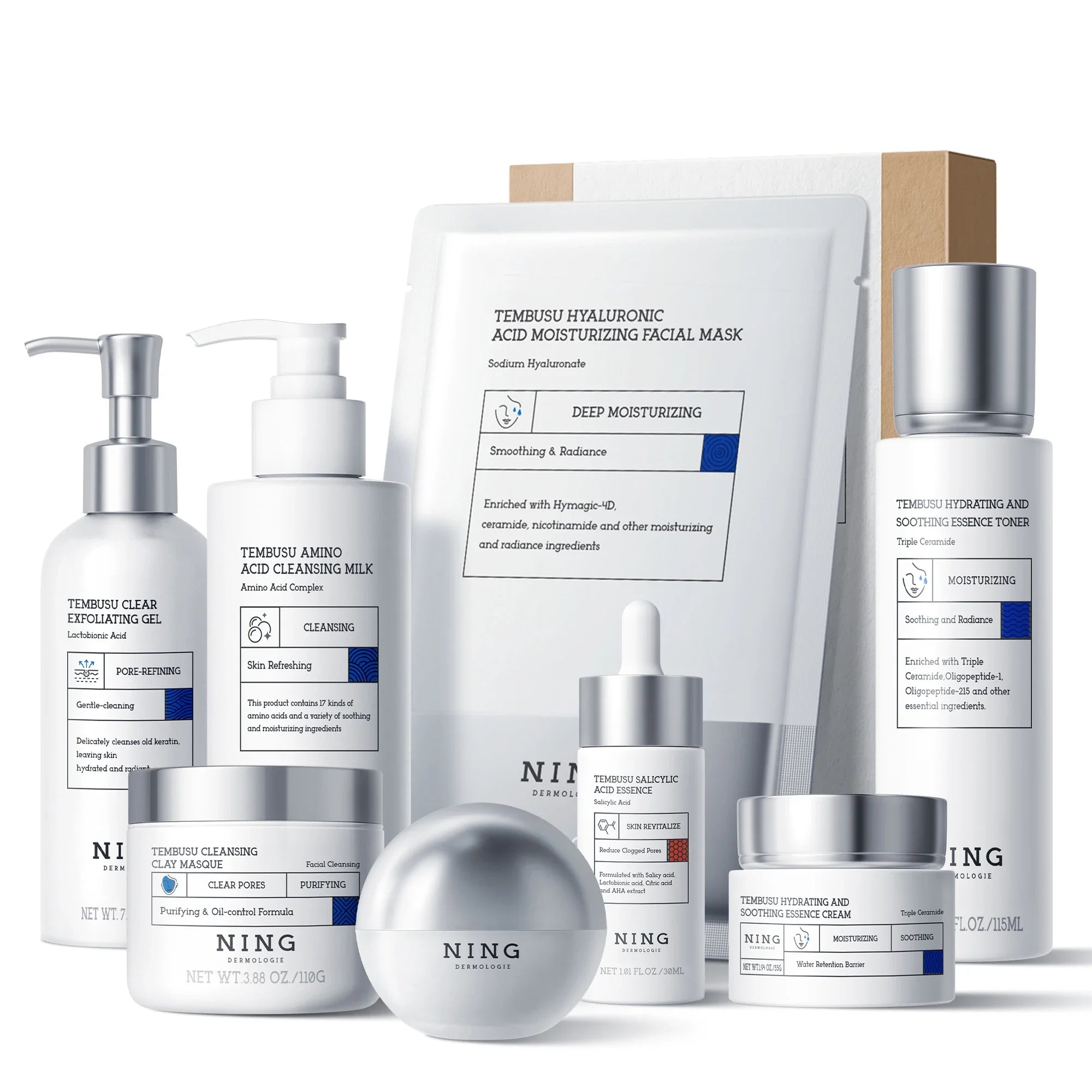 Skin Care Set –8-Step Routine with Amino Cleanser, Clay Mask, Toner, Salicylic Acid Serum