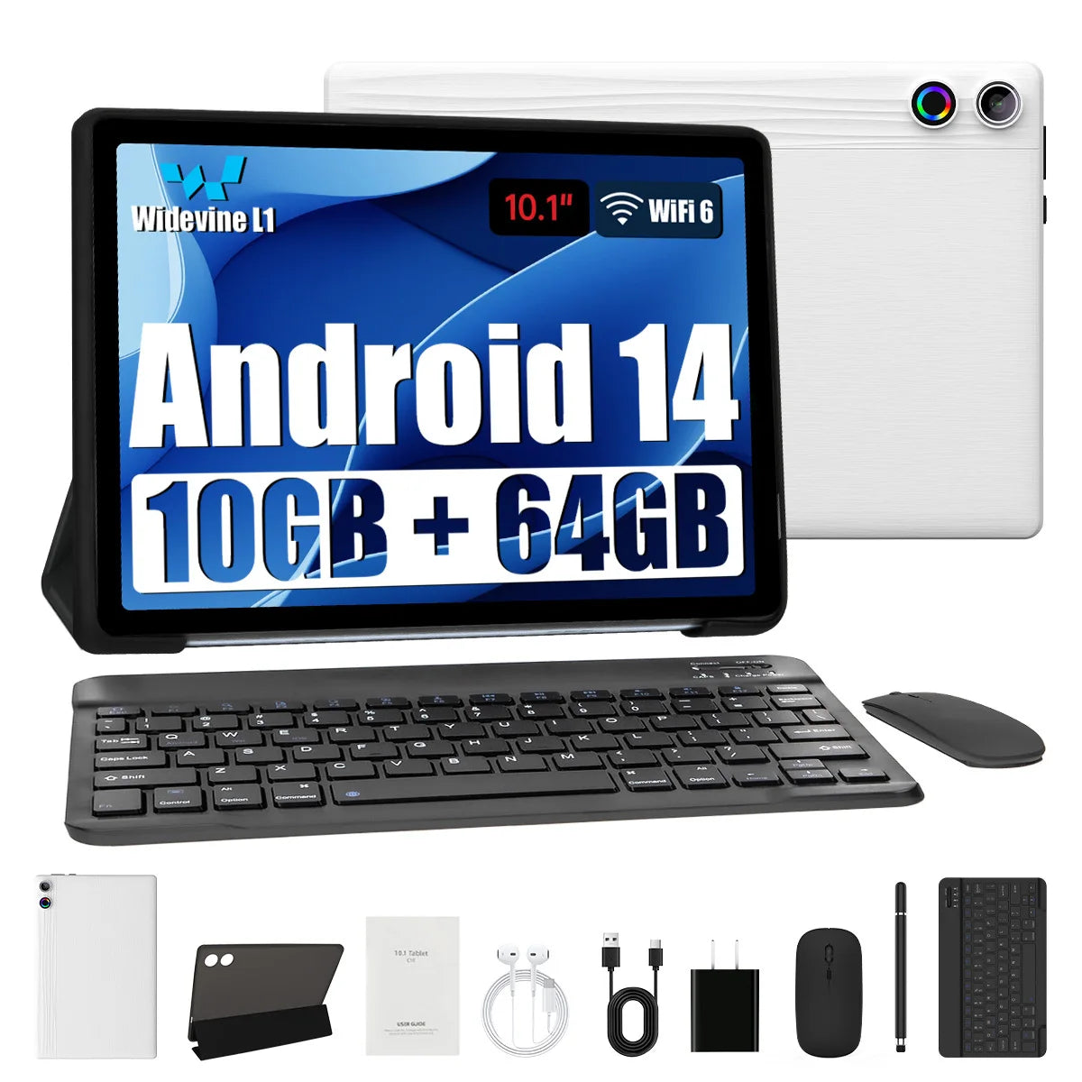 10.1 Inch Android 14 Tablet 12GB RAM 64GB ROM Widevine L1 Compatible IPS HD Screen with Mouse
