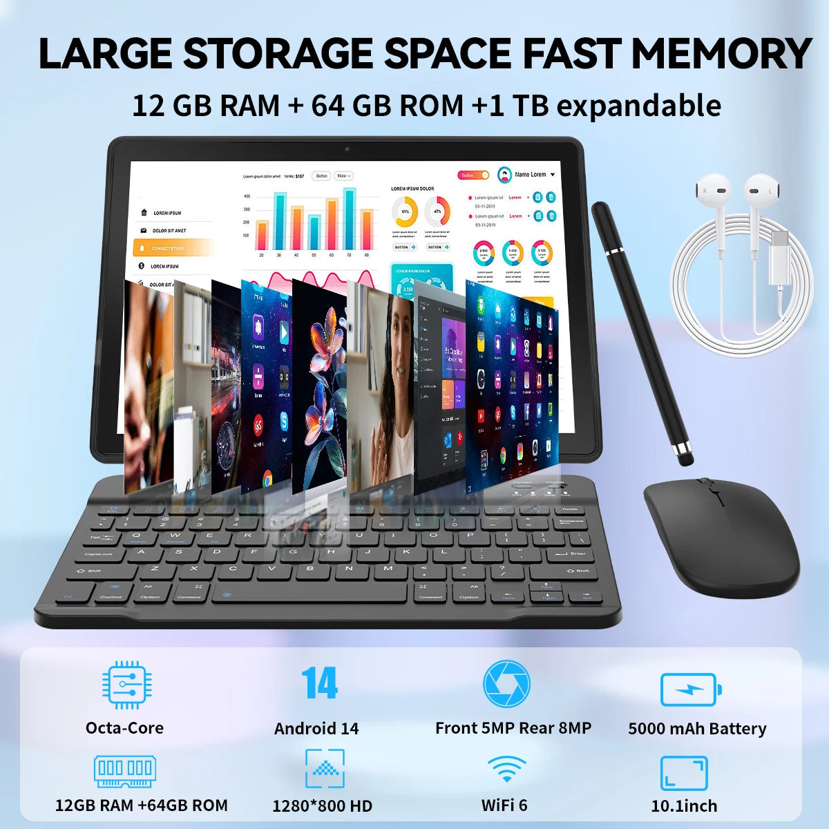 10.1 Inch Android 14 Tablet 12GB RAM 64GB ROM Widevine L1 Compatible IPS HD Screen with Mouse