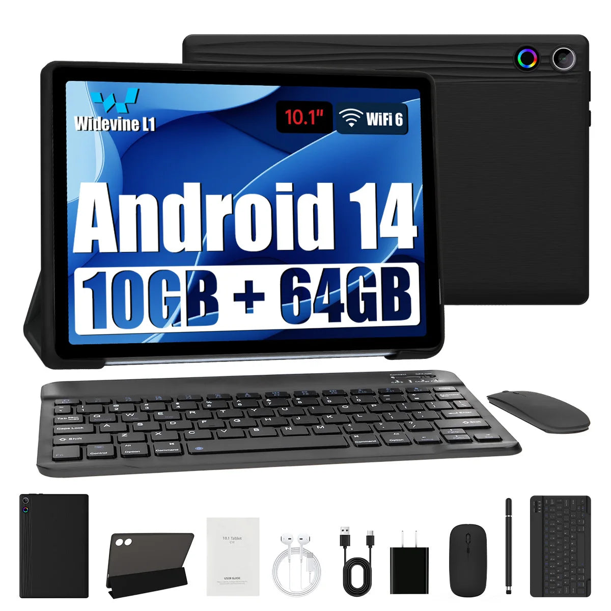 10.1 Inch Android 14 Tablet 12GB RAM 64GB ROM Widevine L1 Compatible IPS HD Screen with Mouse
