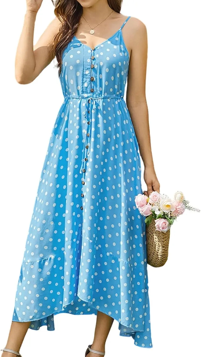 Boho SundrPolka Dot Spaghetti Strap V Neck Flowy Midi Dresses