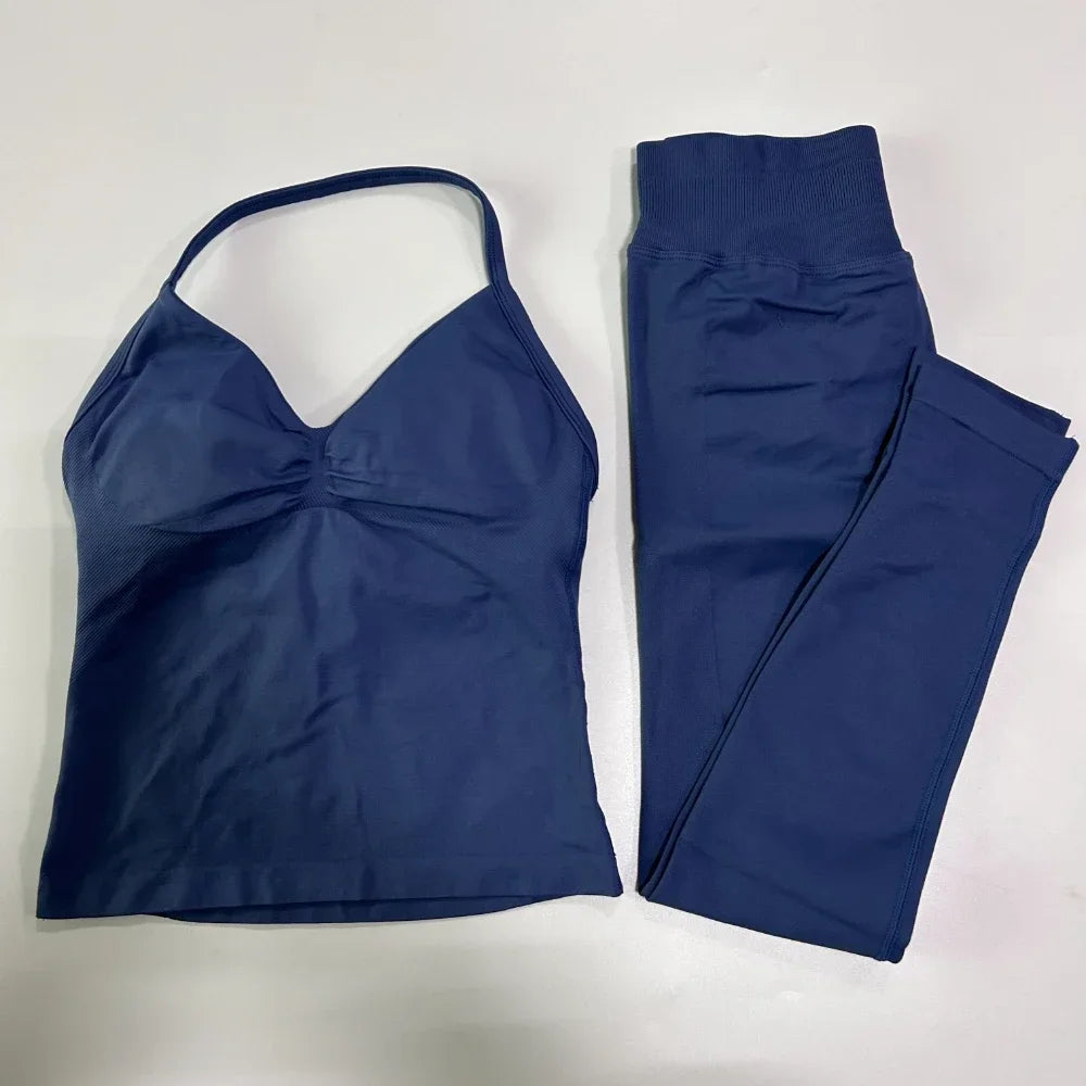 No Logo Seamless Gym Set Women Tank Tops High Waist Yoga Leggings Fitness Clothes Workout Sets Gym Suit Activewear