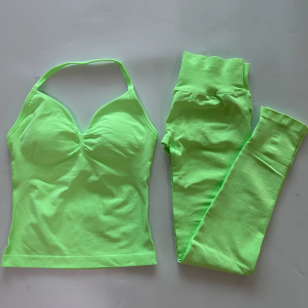 No Logo Seamless Gym Set Women Tank Tops High Waist Yoga Leggings Fitness Clothes Workout Sets Gym Suit Activewear