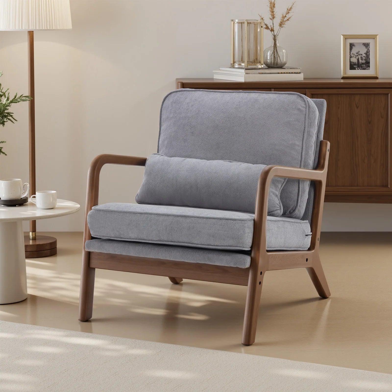 JHK Mid Century Modern Chair Solid Wooden Frame Accent Chair with Arms and Waist Cushion Reading Chairs