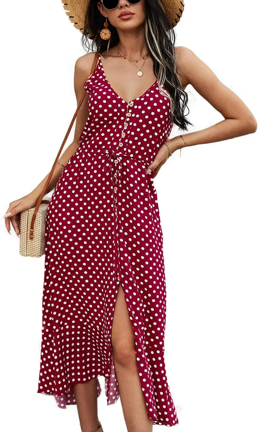 Boho SundrPolka Dot Spaghetti Strap V Neck Flowy Midi Dresses