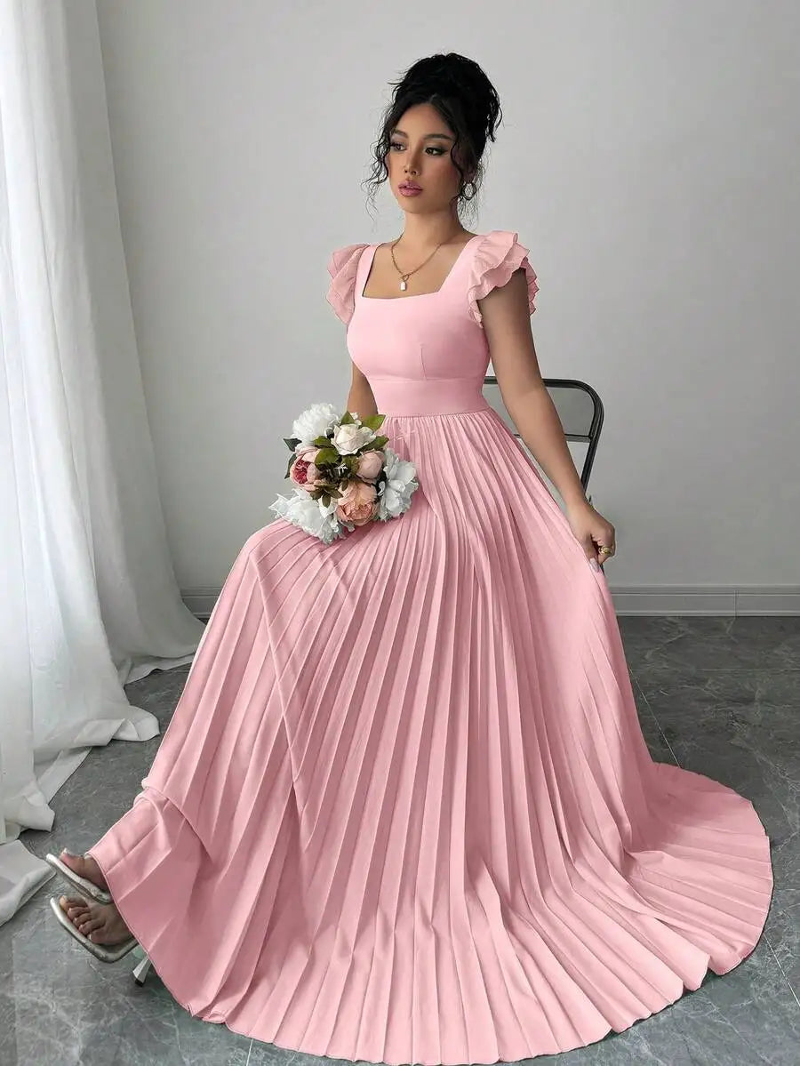 Elegant Mint Green Square Neck Ruffled Sleeve Pleated Maxi Dress
