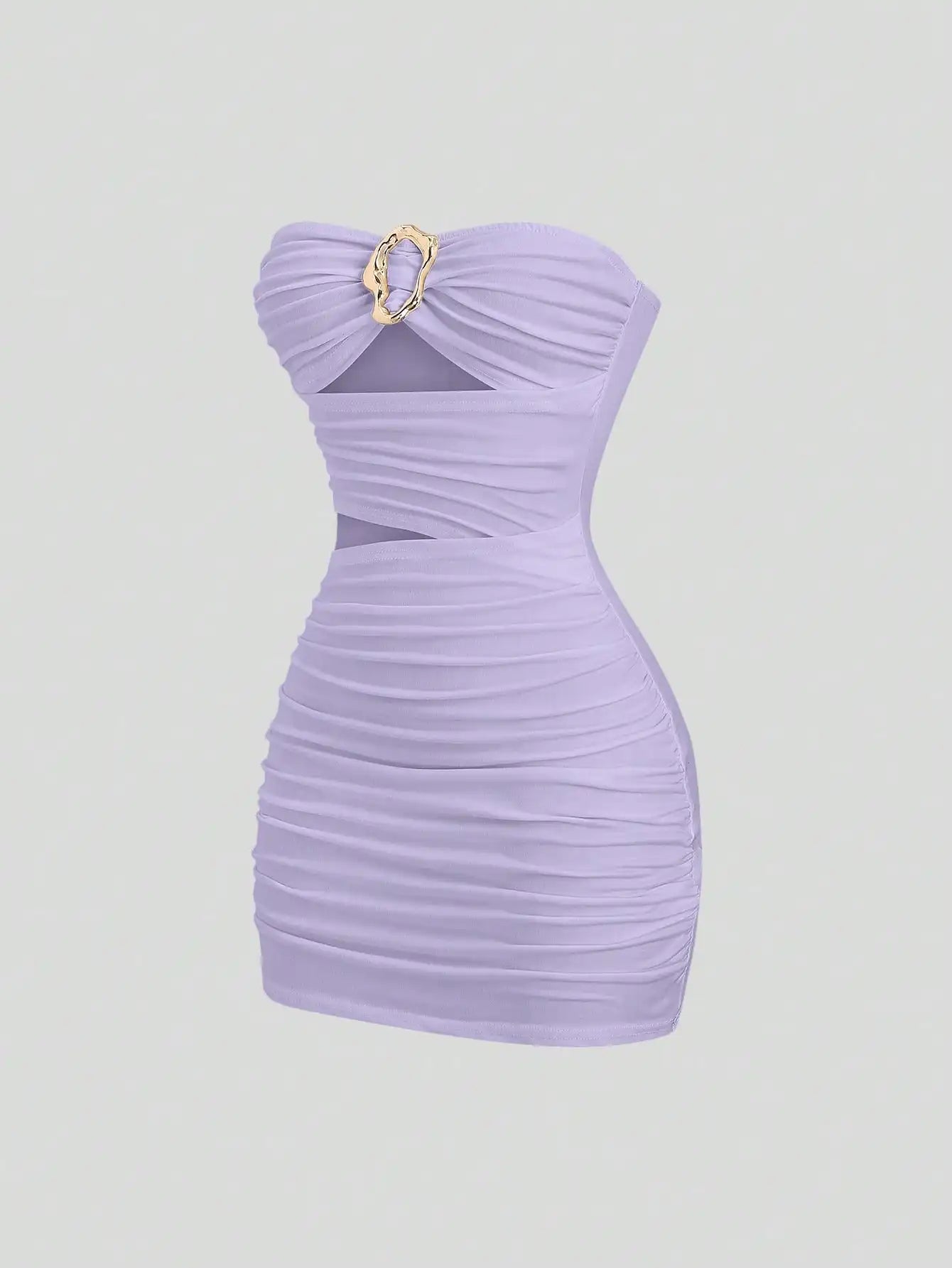 Ruched Strapless Mini Dress With Cutout Waist And Ornamental Metal Ring