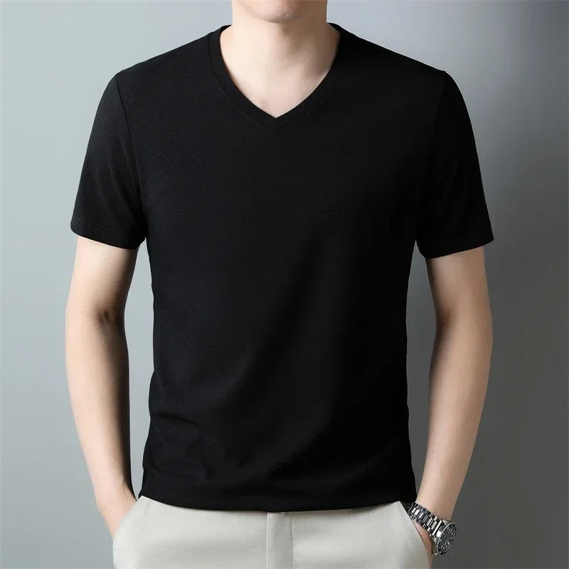 Men's New Waffle V Neck Short Sleeved T-shirt Summer Comfortable Top