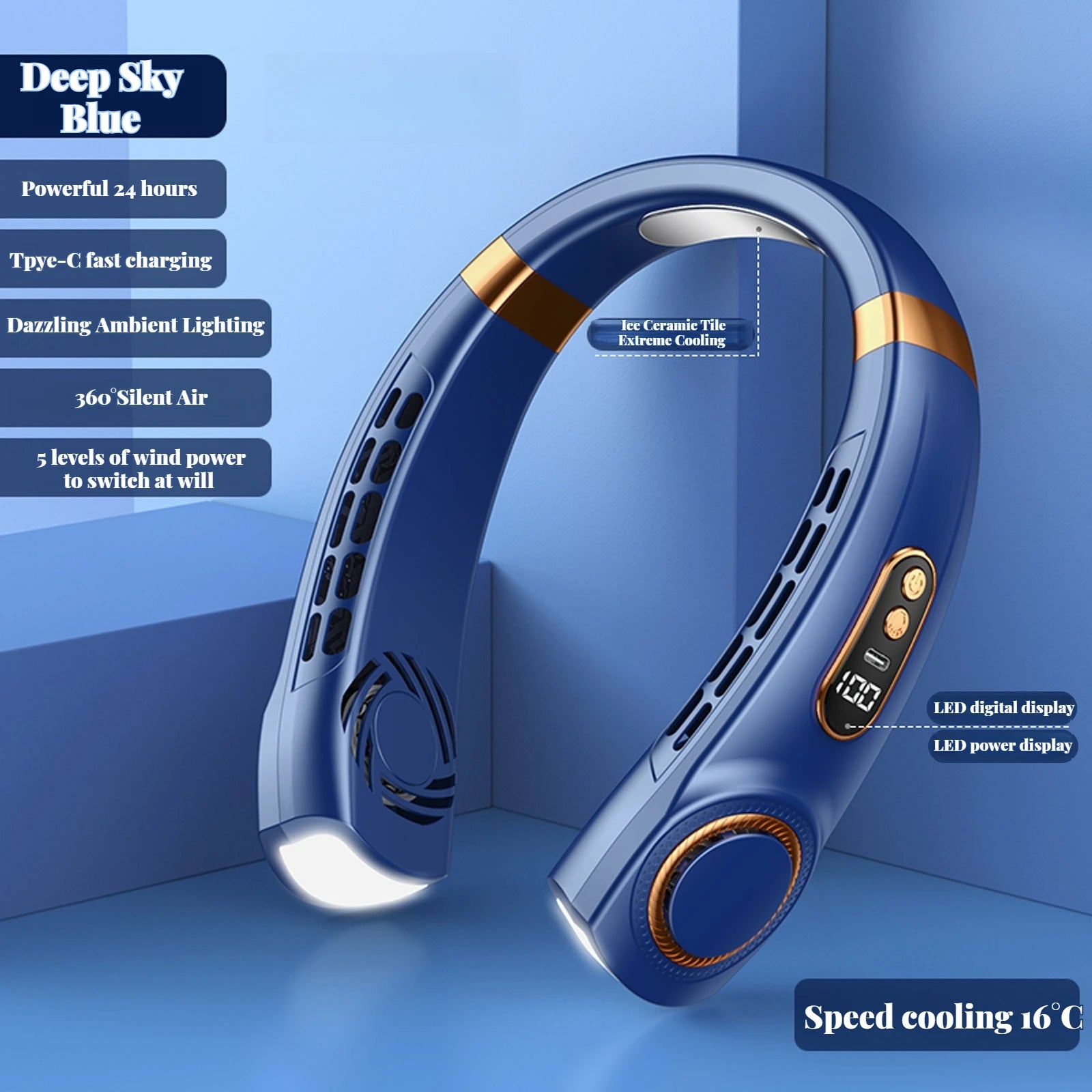 Portable Ice-Cooling Fan with LED Light, Silent Bladeless Halterneck Design