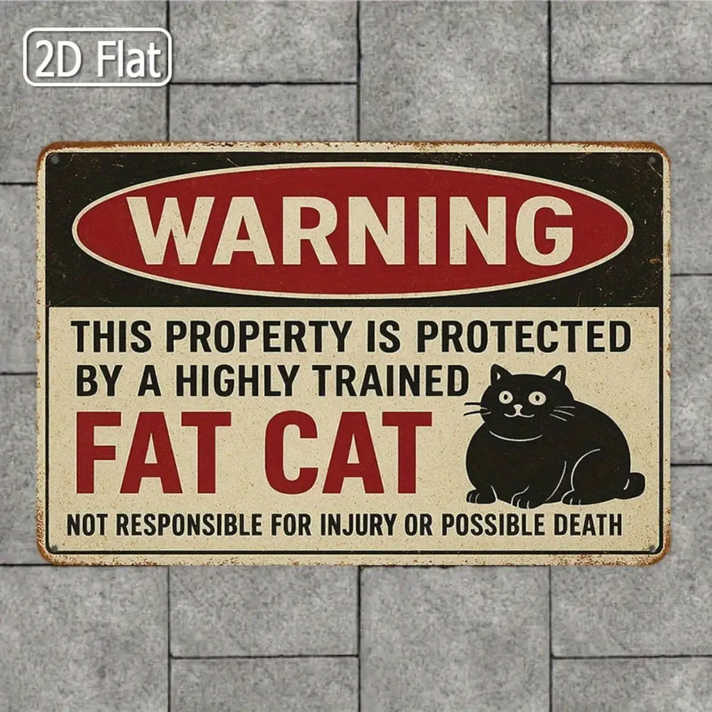 1PC Tin Sign Humorous Warning Protected By Fat Cat - Home/Office Decor, Retro Design, 8x12 Inches / 20x30 Cm