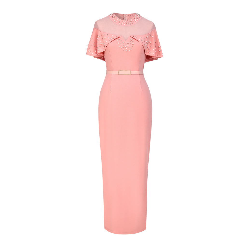Fashion Elastic Banquet Elegant Dress with Beaded Tulle Shawl Sleeves, Belted, Slim-Fitting, and Pencil Long Skirt