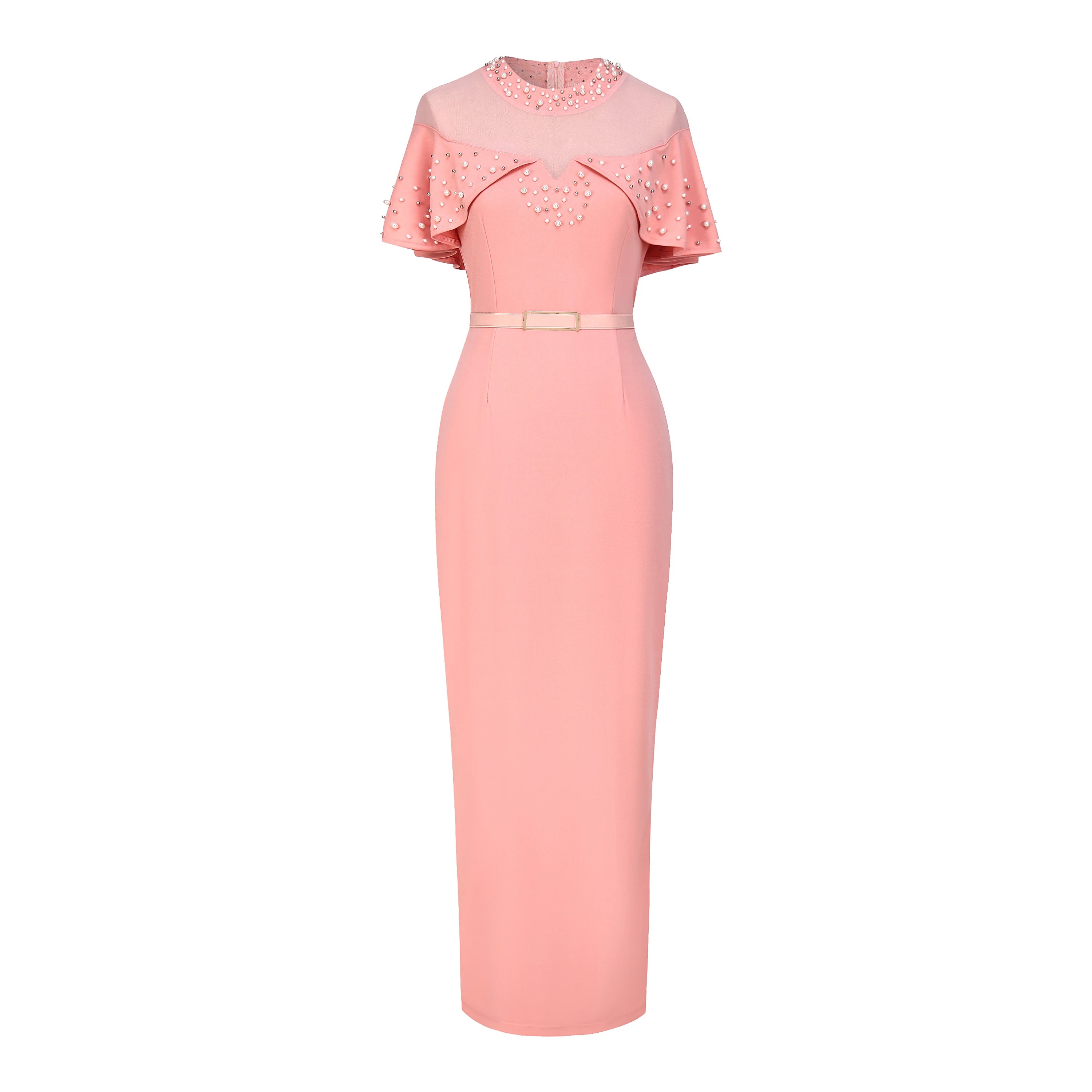 Fashion Elastic Banquet Elegant Dress with Beaded Tulle Shawl Sleeves, Belted, Slim-Fitting, and Pencil Long Skirt