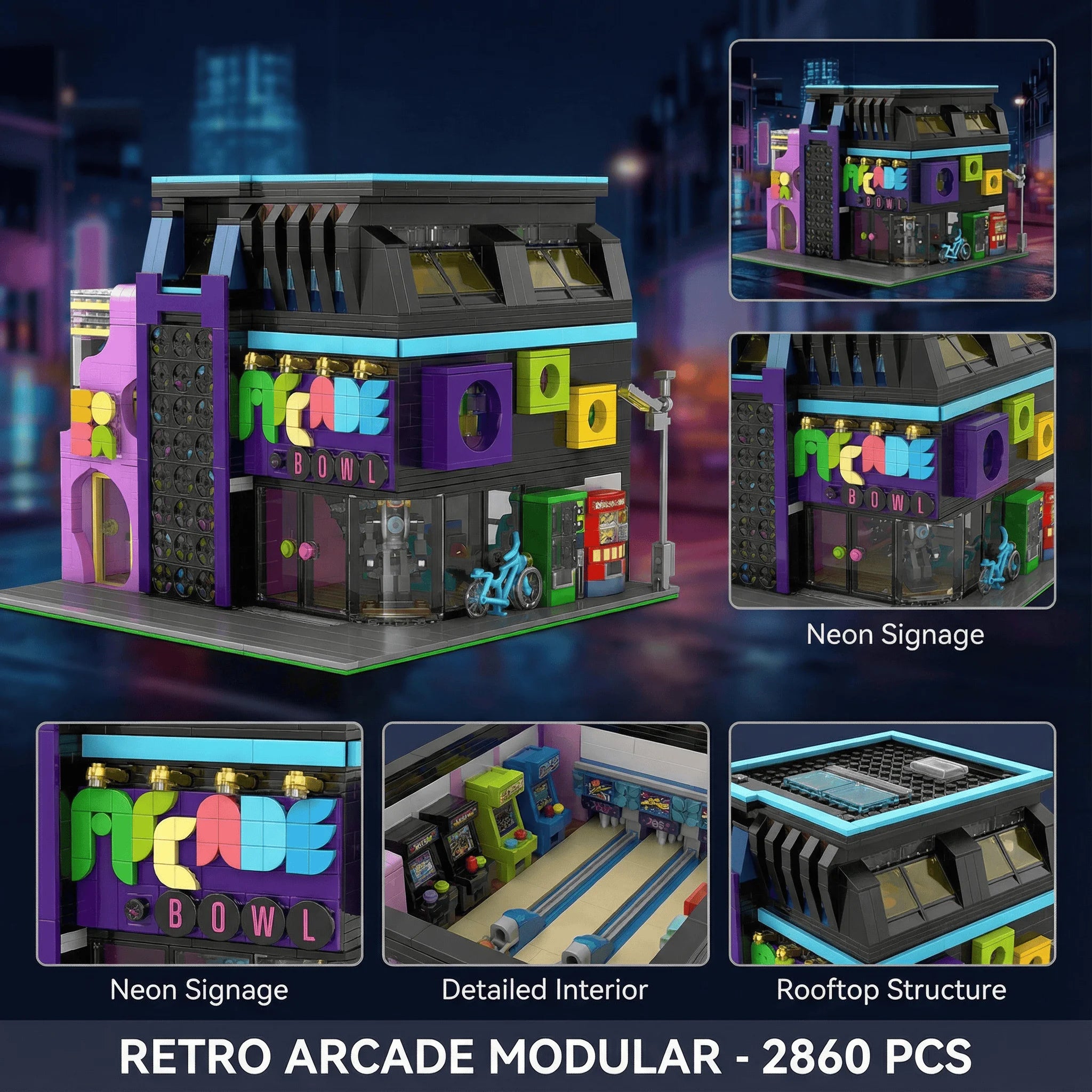 Arcade Room Cyberpunk Building With Lighting City Architecture Modular Building Blocks Assembly Model Kit 2600PCS