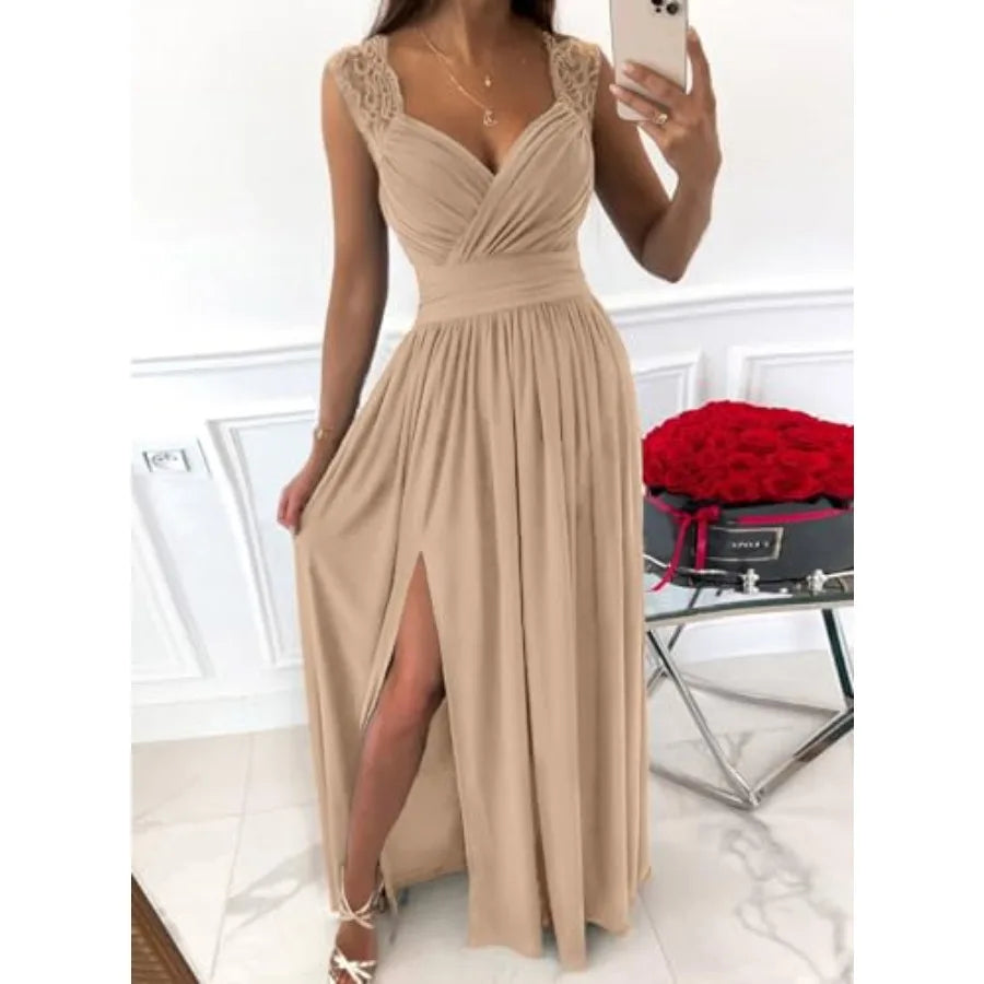 Formal Dresses Wrap V-Neck Ruched Sexy Bridesmaid Wedding Guest Maxi Dresses