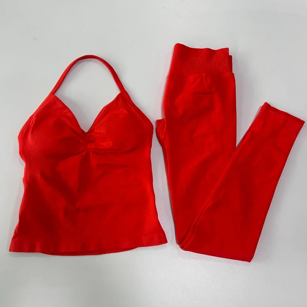 No Logo Seamless Gym Set Women Tank Tops High Waist Yoga Leggings Fitness Clothes Workout Sets Gym Suit Activewear