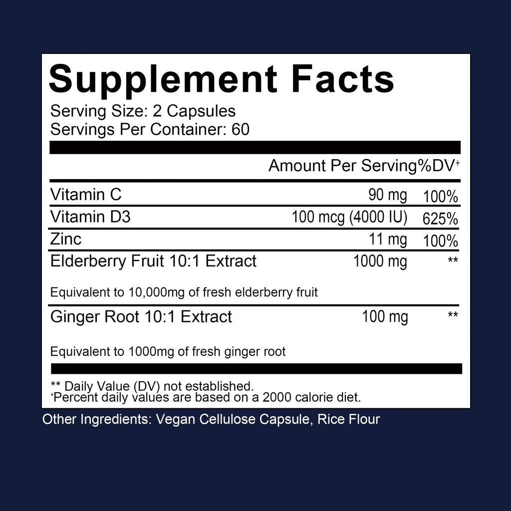 Elderberry, Vitamin C + Zinc - Supports The Immune System, Antioxidant Properties,  - 120 Capsules