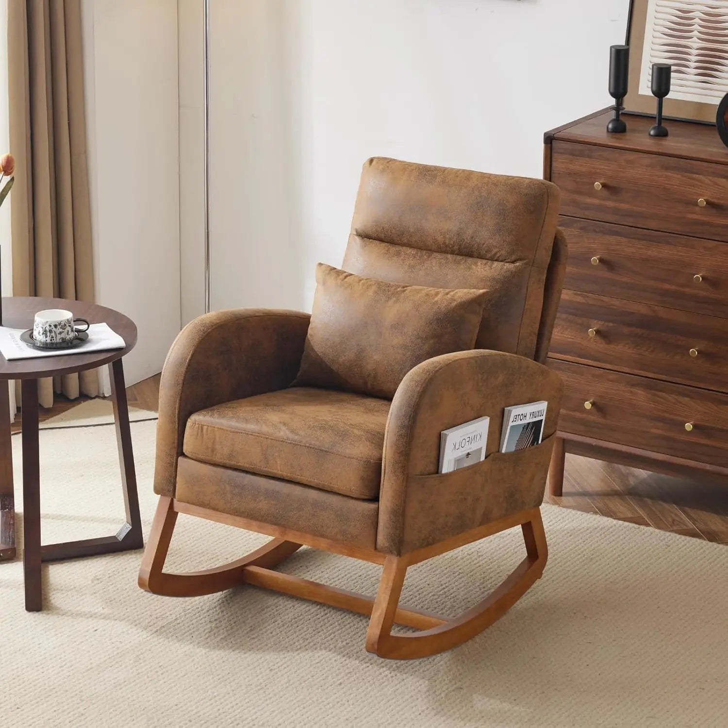 Olive Chenille Rocking Chair Nursery with Thick Headrest, Upholstered Mid-Century Modern Nursing Rocker