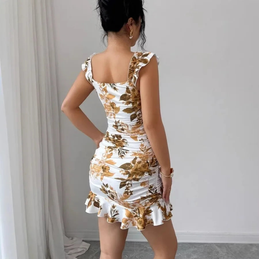 French summer - flower printing and dyeing dress retro waist slim short skirt