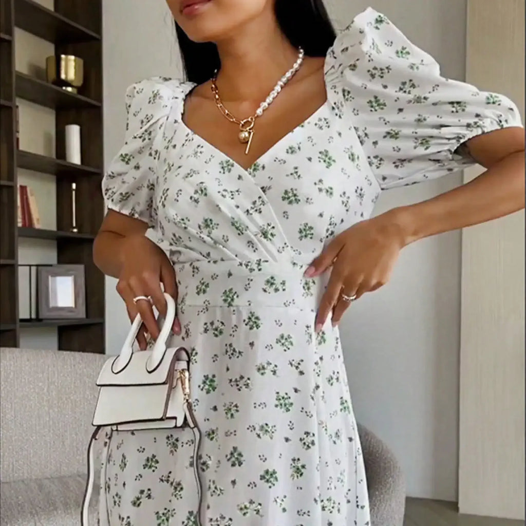 European And American Sexy Dopamine Outfit Elegant Puff Sleeve Floral French Dress