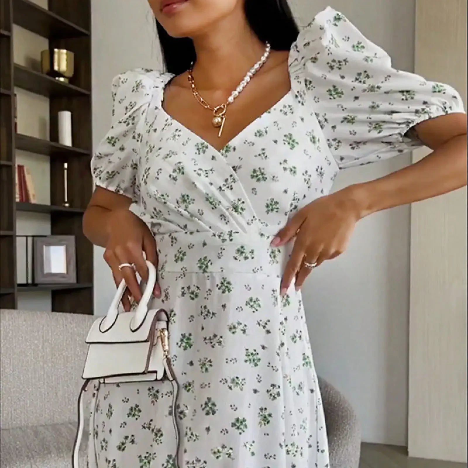 European And American Sexy Dopamine Outfit Elegant Puff Sleeve Floral French Dress