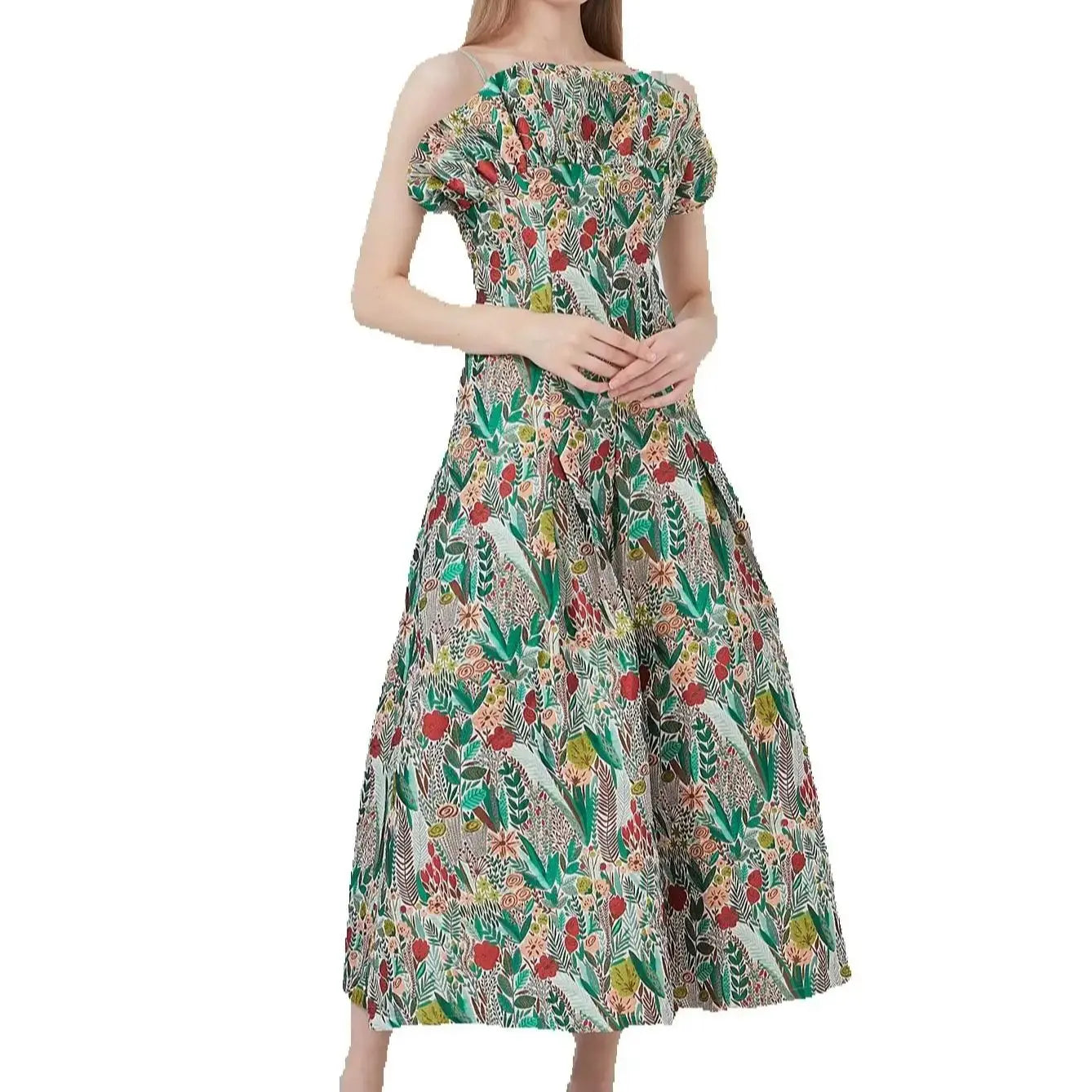 French Retro One-Shoulder Strapless Dress Floral Meadow Jacquard Waist-Defined Flared Long Dress Light