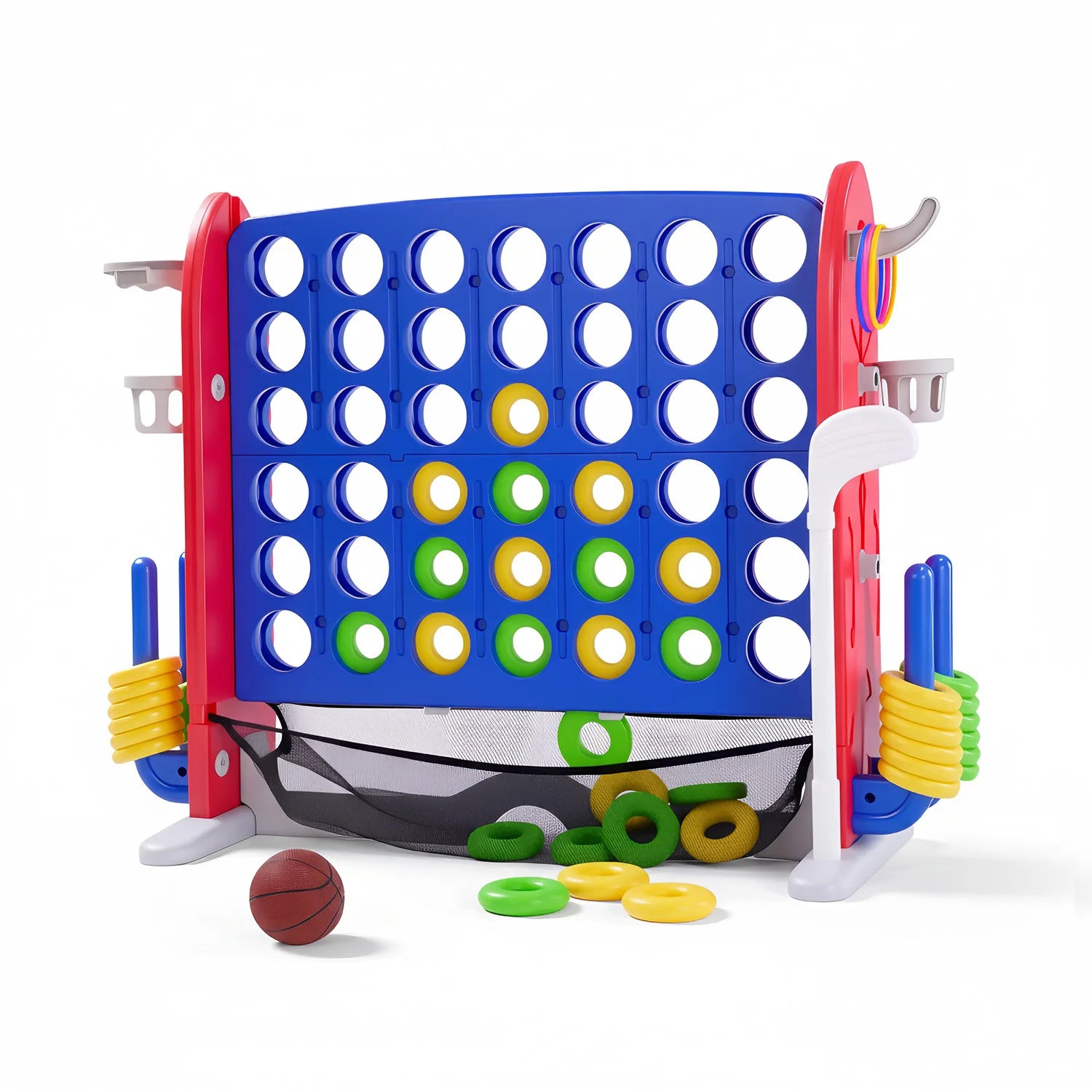 4-in-1 Giant Connect Game Set Adjustable Height, Basketball Hoop, Ring Toss and Net Jumbo Outdoor
