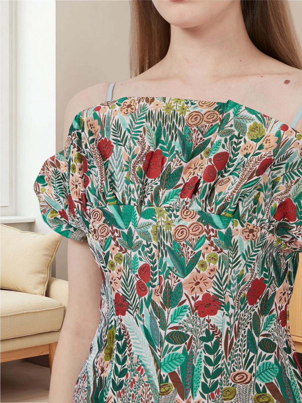 French Retro One-Shoulder Strapless Dress Floral Meadow Jacquard Waist-Defined Flared Long Dress Light