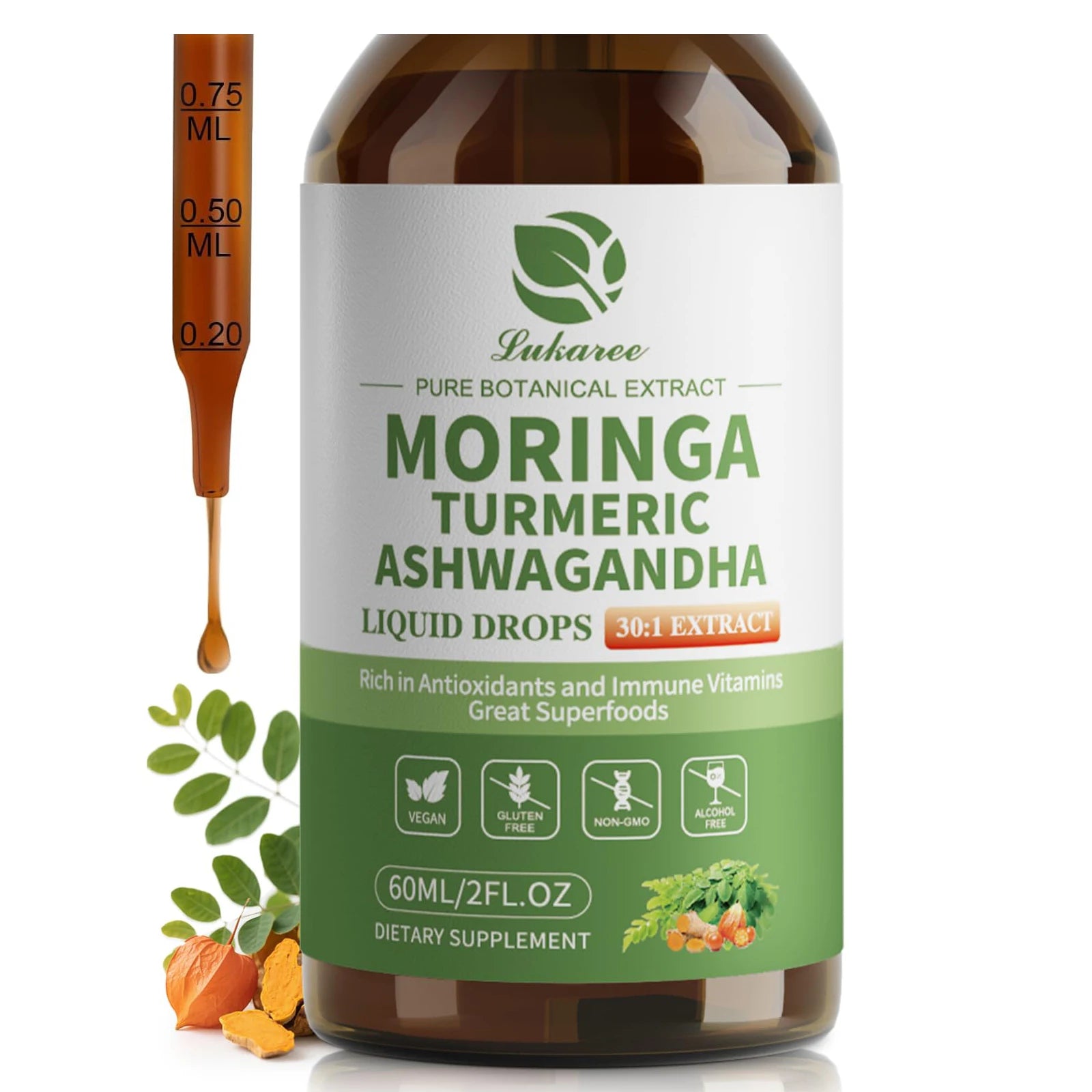 12-in-1 Organic Moringa Drops with Ashwagandha Turmeric Quercetin Vegan Non-GMO