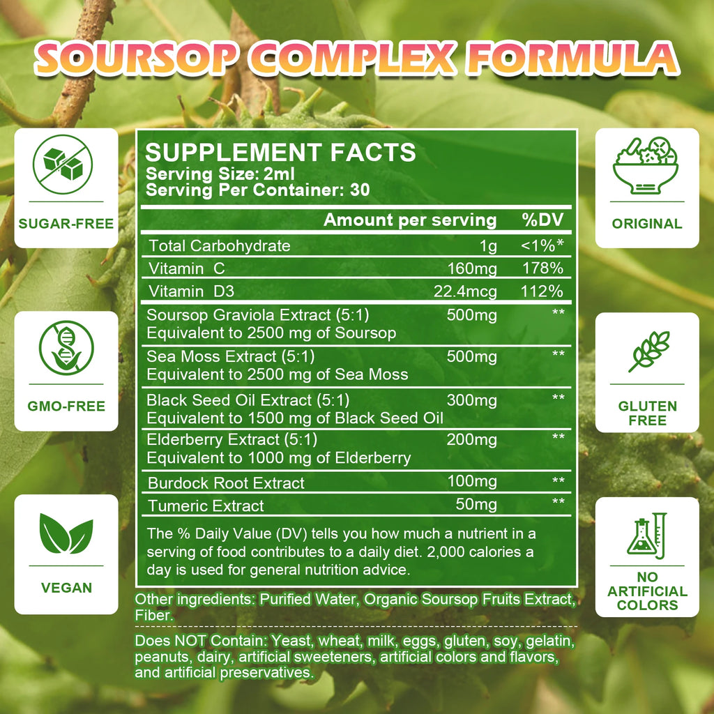 Soursop Graviola Extract Drops Support Immunity and Kidney Health, Detox and Antioxidation Gluten-Free