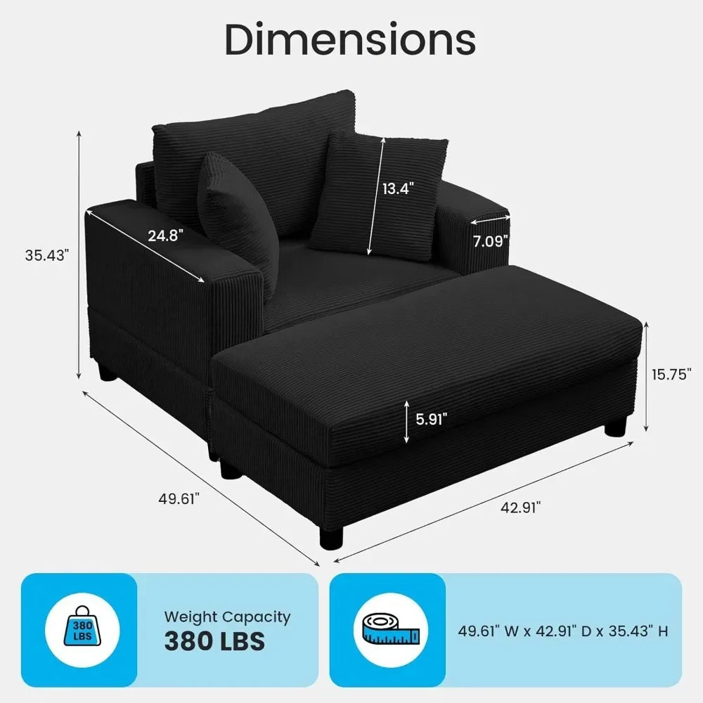 Oversized Chaise Lounge Indoor, 50" W Large Corduroy Lounges Chair with Ottoman & Pillows