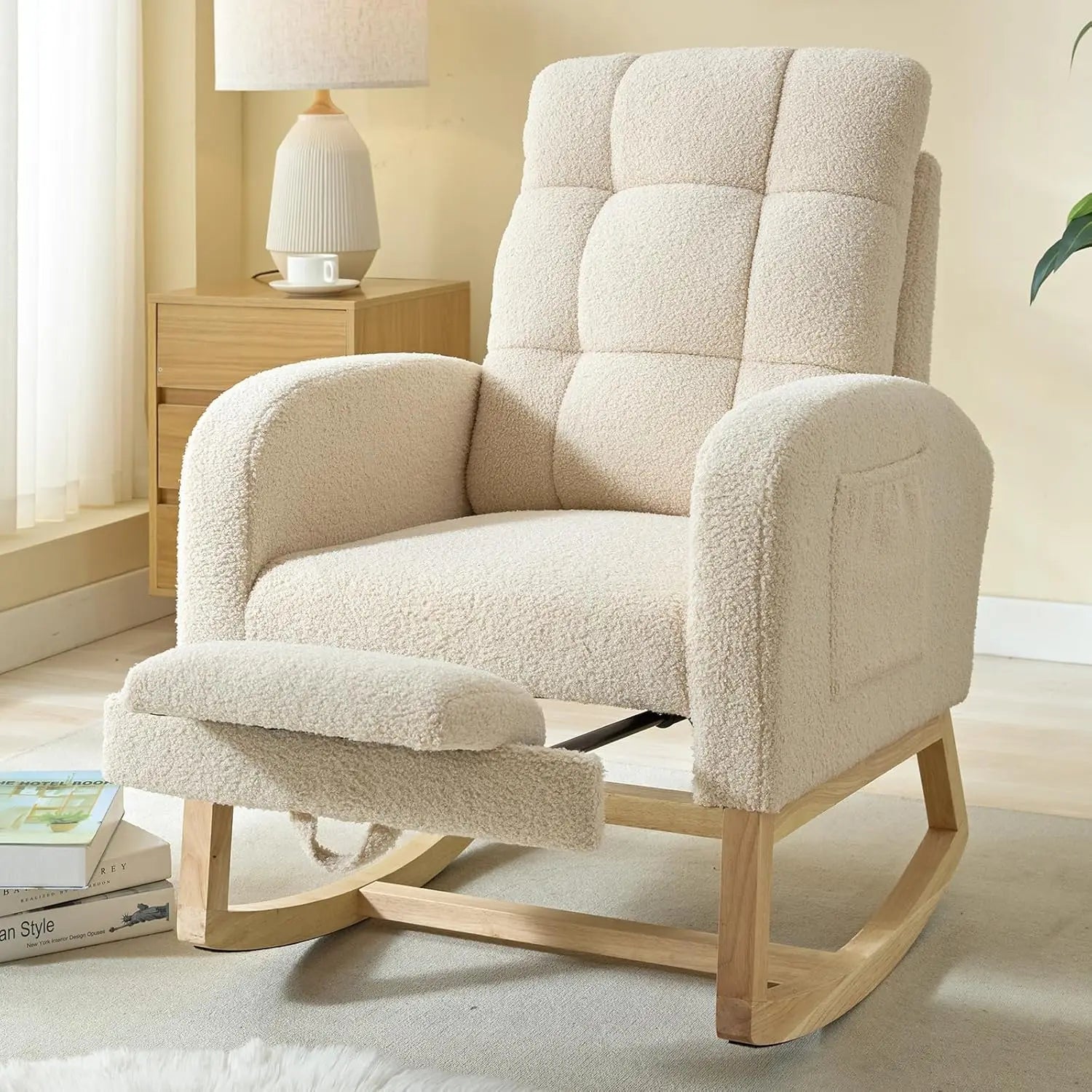 Modern Nursery Rocking Chair, Teddy Upholstered Rocking Chair with Footrest, Comfortable Rocker Recliner