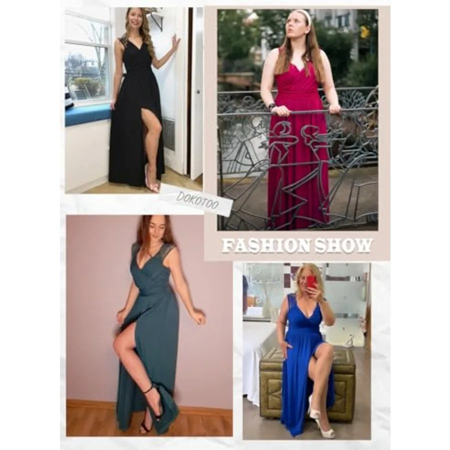 Formal Dresses Wrap V-Neck Ruched Sexy Bridesmaid Wedding Guest Maxi Dresses