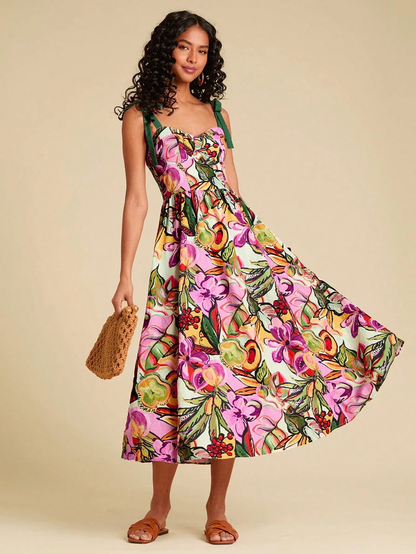 Floral Print Spaghetti Strap Midi Dress For Women Bohemian Beach Style