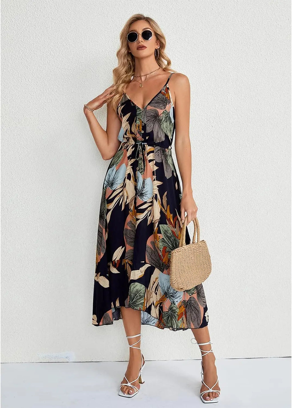 Boho SundrPolka Dot Spaghetti Strap V Neck Flowy Midi Dresses
