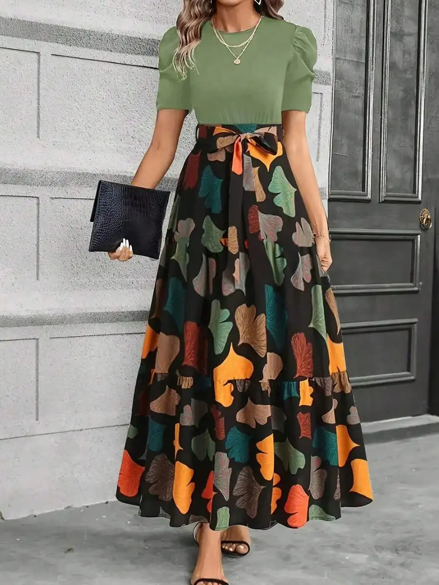 Elegant A-Line Dress with Puff Sleeves, Bow Waist, Leaf Print, Round Neck, Lightweight for Spring Summer