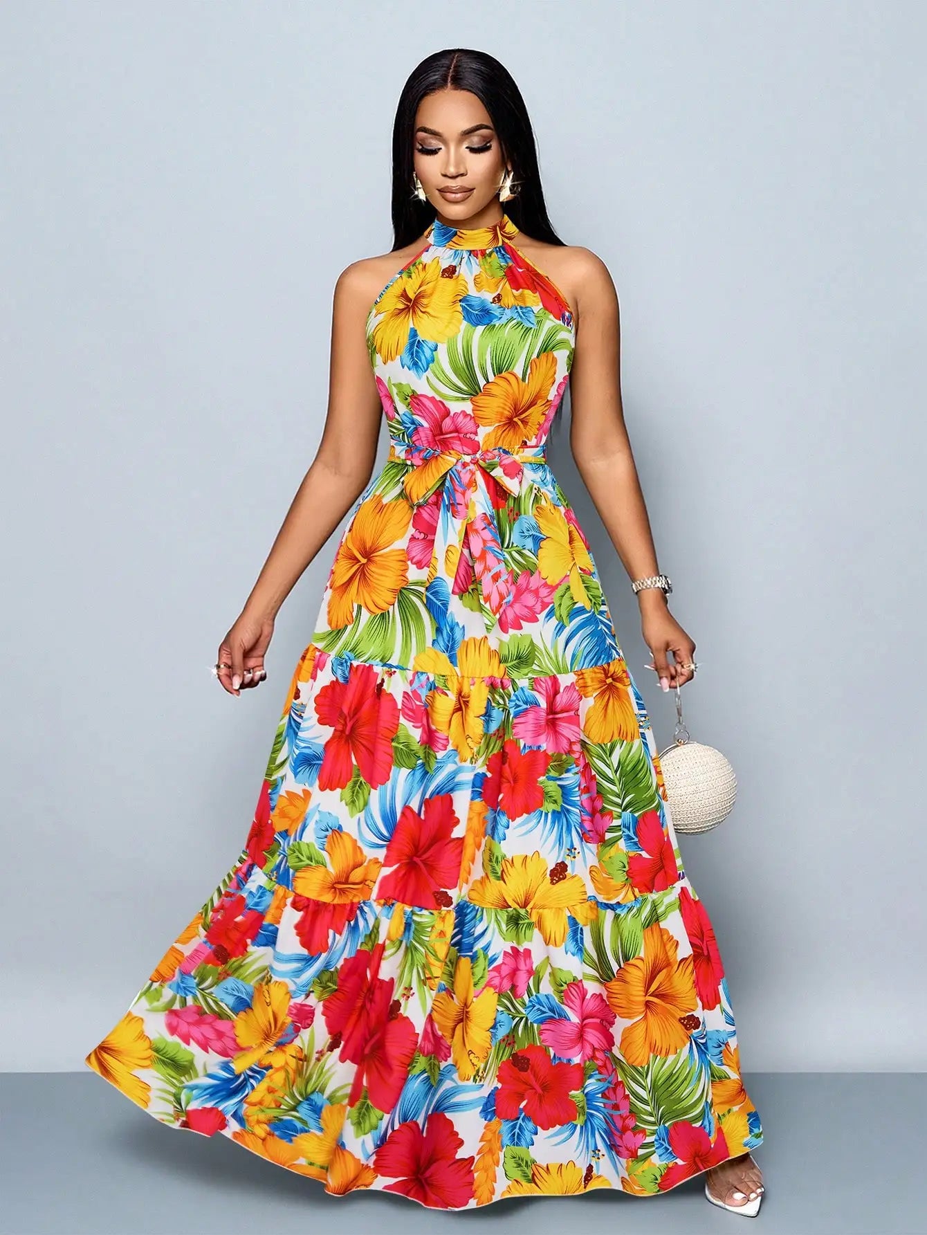 Women's Halter Neck Floral Print Tiered Maxi Dress With Belt Flowy Vacation Dress