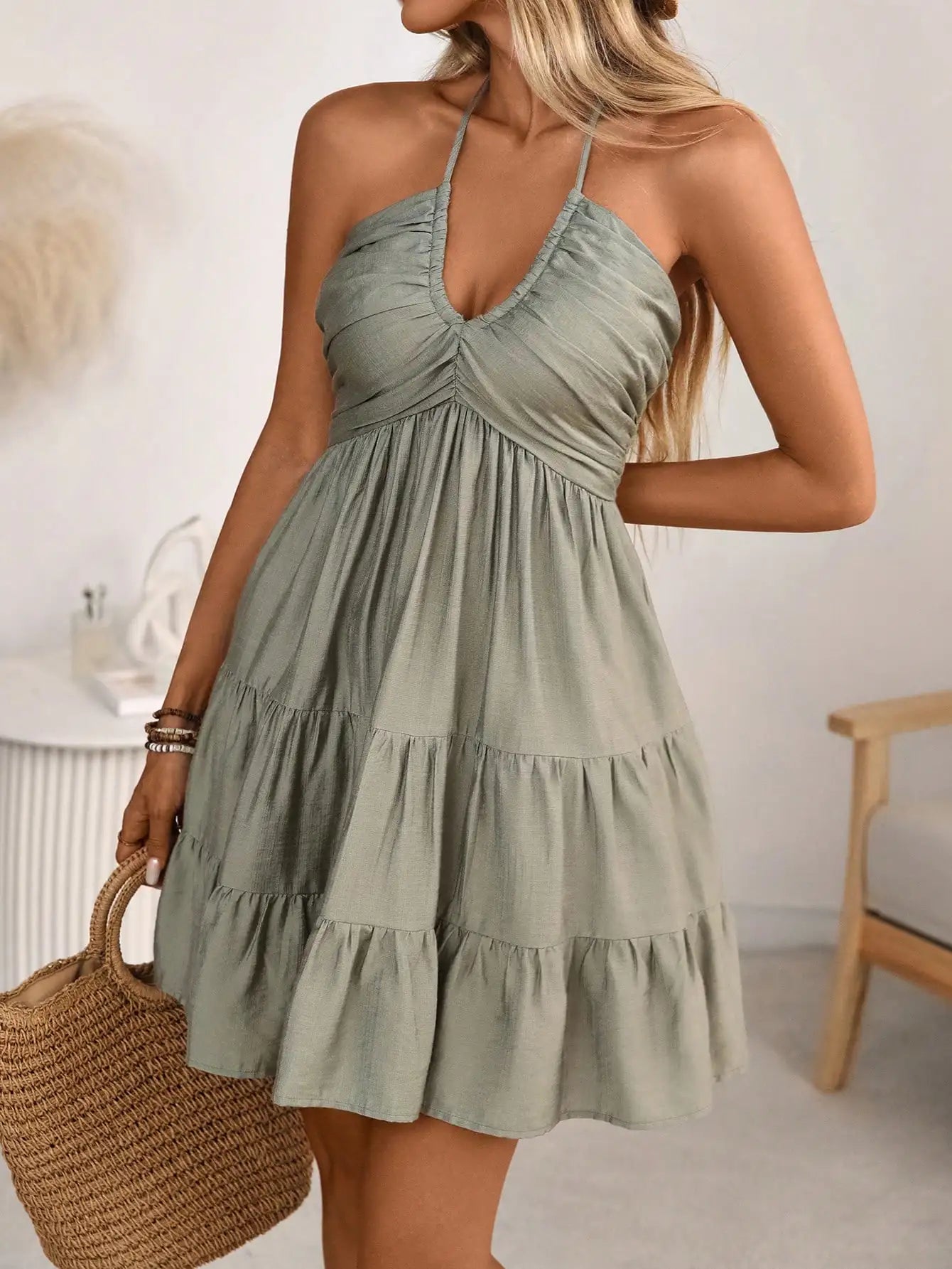 Bohemian Beach Dress With Shirred Bust Tiered Skirt Halter Neck A-Line Mini