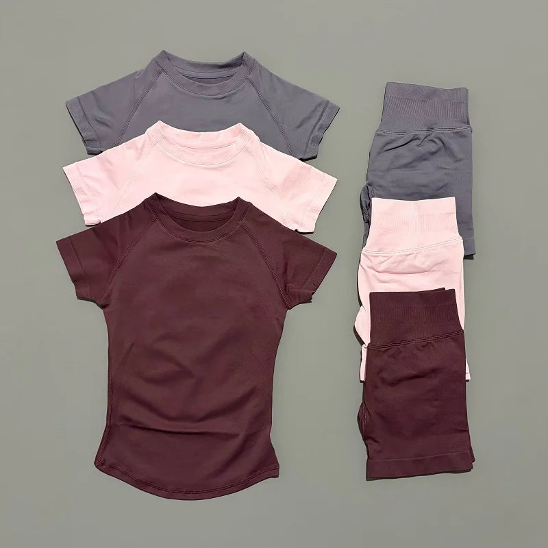 2 Pcs Impact Sports Sets Short Sleeve Seamless Yoga Top Fitness Set