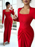 Red Lace Panel Square Neck Long Sleeve Fitted Maxi Dress with Ruched Skirt