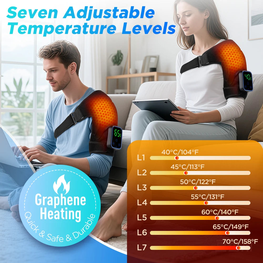 Wireless Shoulder Massager Pad Wrap Heating 7 Temp Levels 3 Vibration Modes